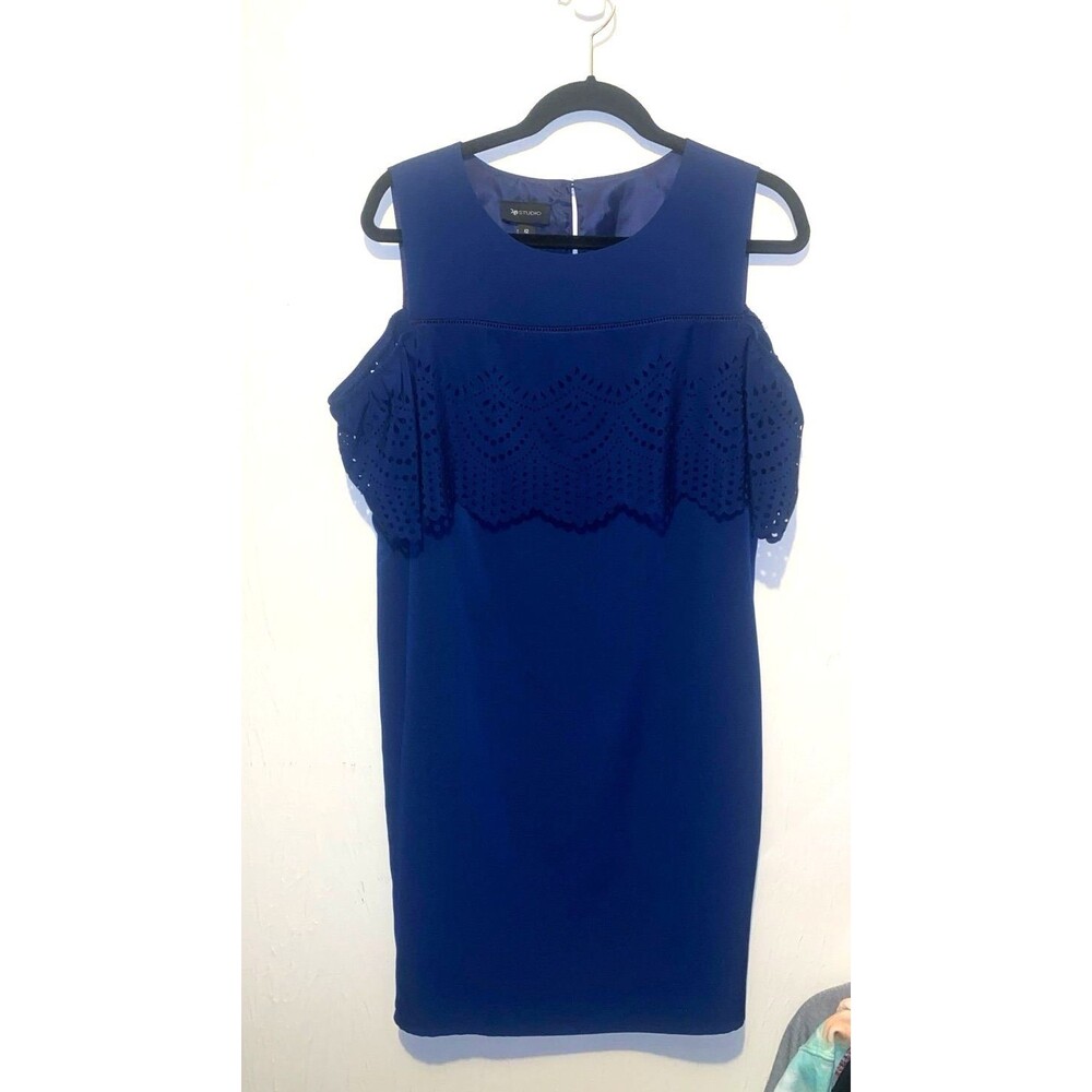 AB Studio Navy Blue Off‑Shoulder Sheath Dress – Size 12 – Laser‑Cut Overlay